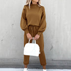 Cozy Oversized Mock Neck Sweatshirt & Relaxed Jogger Pants Set for Women Coffee